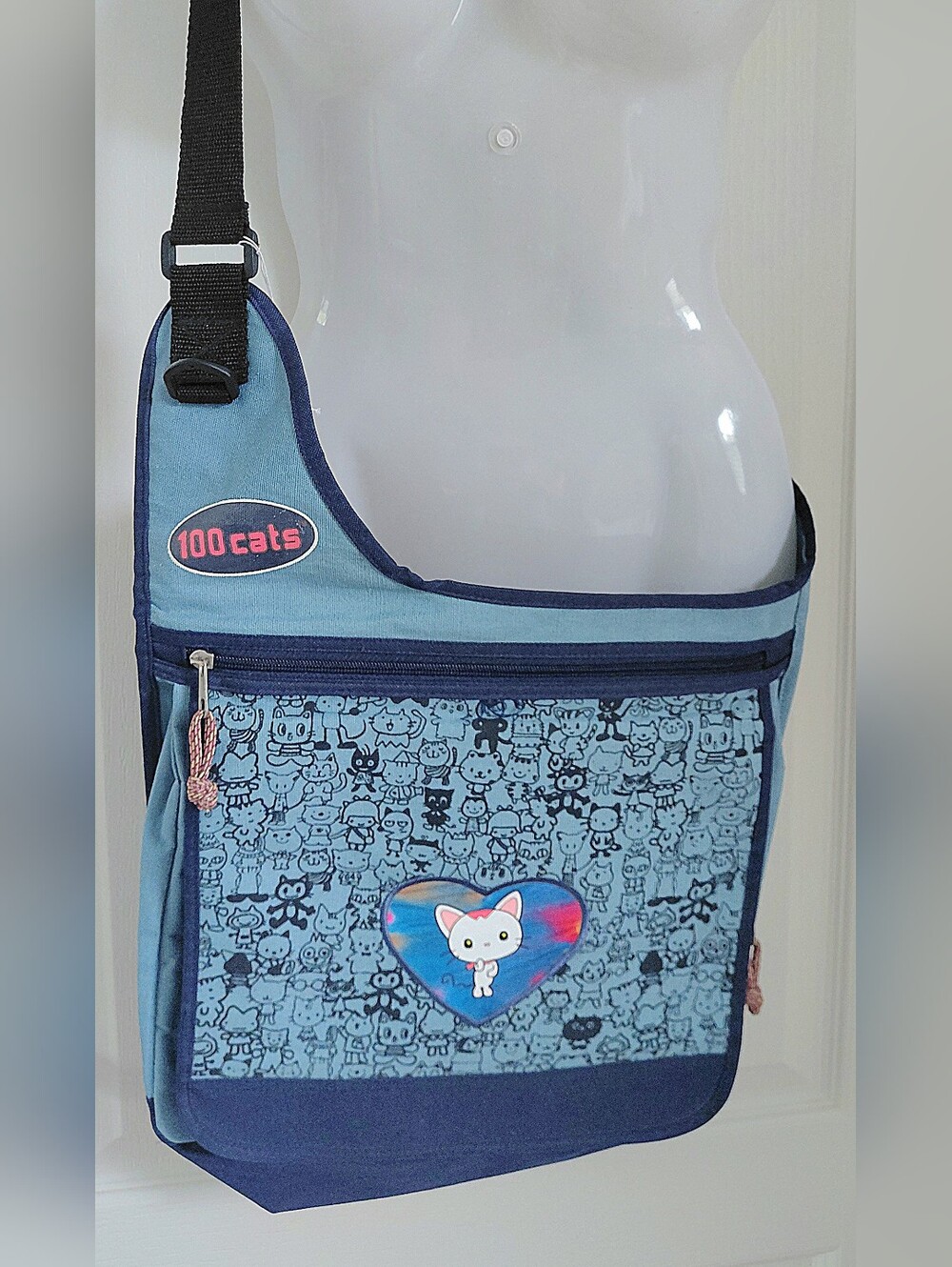 Vintage Sanrio Blue Cat Pattern Messenger Bag - Light & Navy Blue